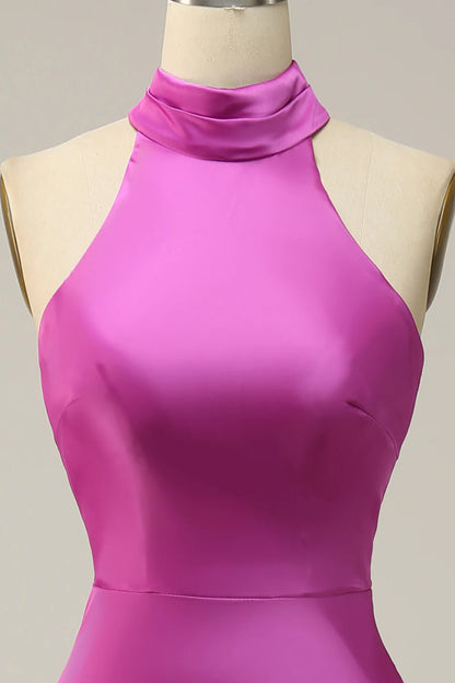 Mermaid Halter Satin Open Back Midi Bridesmaid Dress