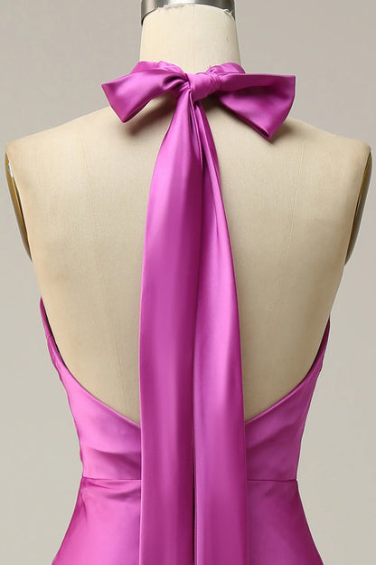 Mermaid Halter Satin Open Back Midi Bridesmaid Dress