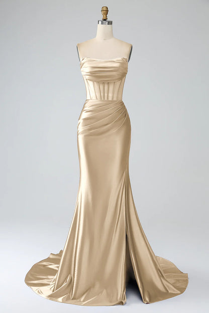 Powder blusher Pink Mermaid Sexy Strapless Pleated Corset Slim Long Prom Dress