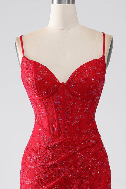 Red Mermaid Italian Noodle Sexy Strap Beaded Lace Sticker Split Ball Dress