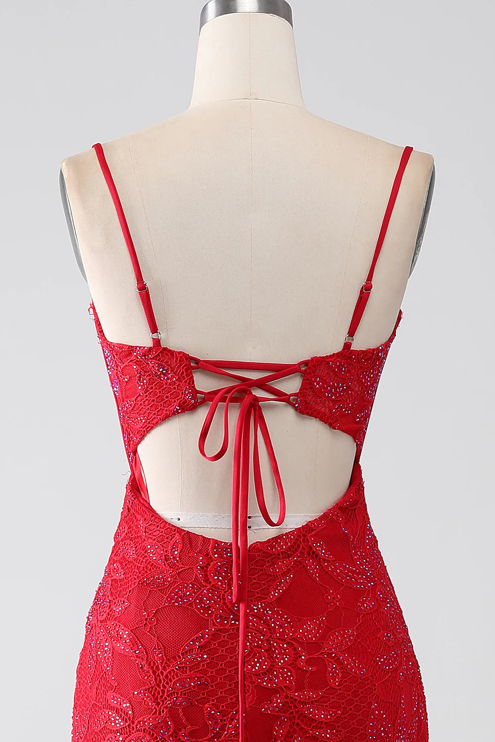 Red Mermaid Italian Noodle Sexy Strap Beaded Lace Sticker Split Ball Dress