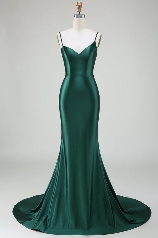 Dark green slim fit mermaid spaghetti strap sweep train dance dress