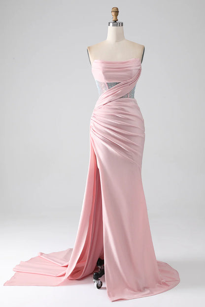Pink mermaid sexy strapless beaded pleated long ball dress with high slit