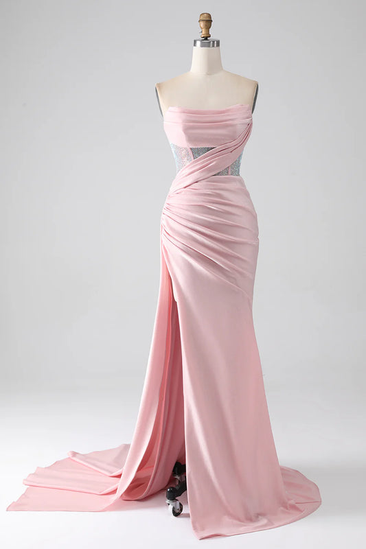Pink mermaid sexy strapless beaded pleated long ball dress with high slit