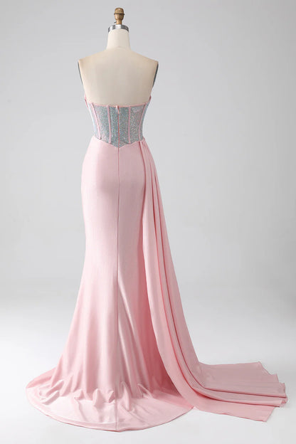 Pink mermaid sexy strapless beaded pleated long ball dress with high slit