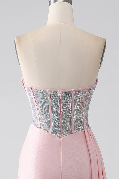 Pink mermaid sexy strapless beaded pleated long ball dress with high slit
