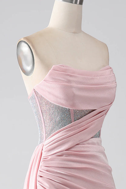 Pink mermaid sexy strapless beaded pleated long ball dress with high slit
