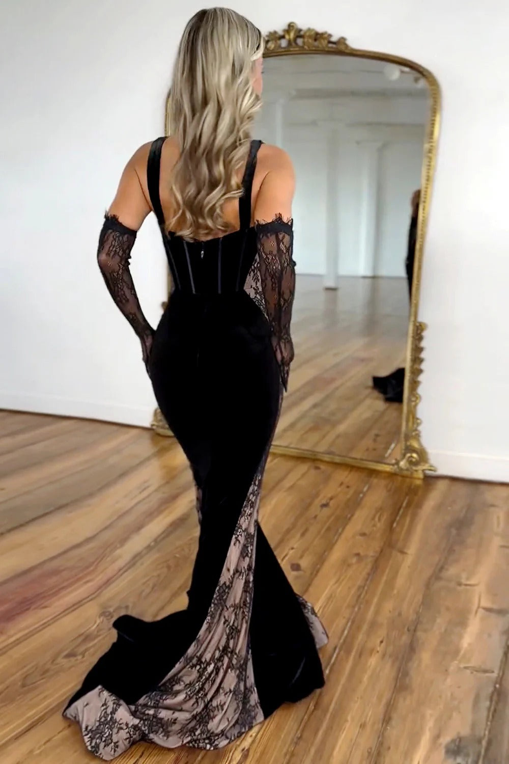 Glamorous Black Prom Dresses with Velvet Lace Panels and Mermaid Train
