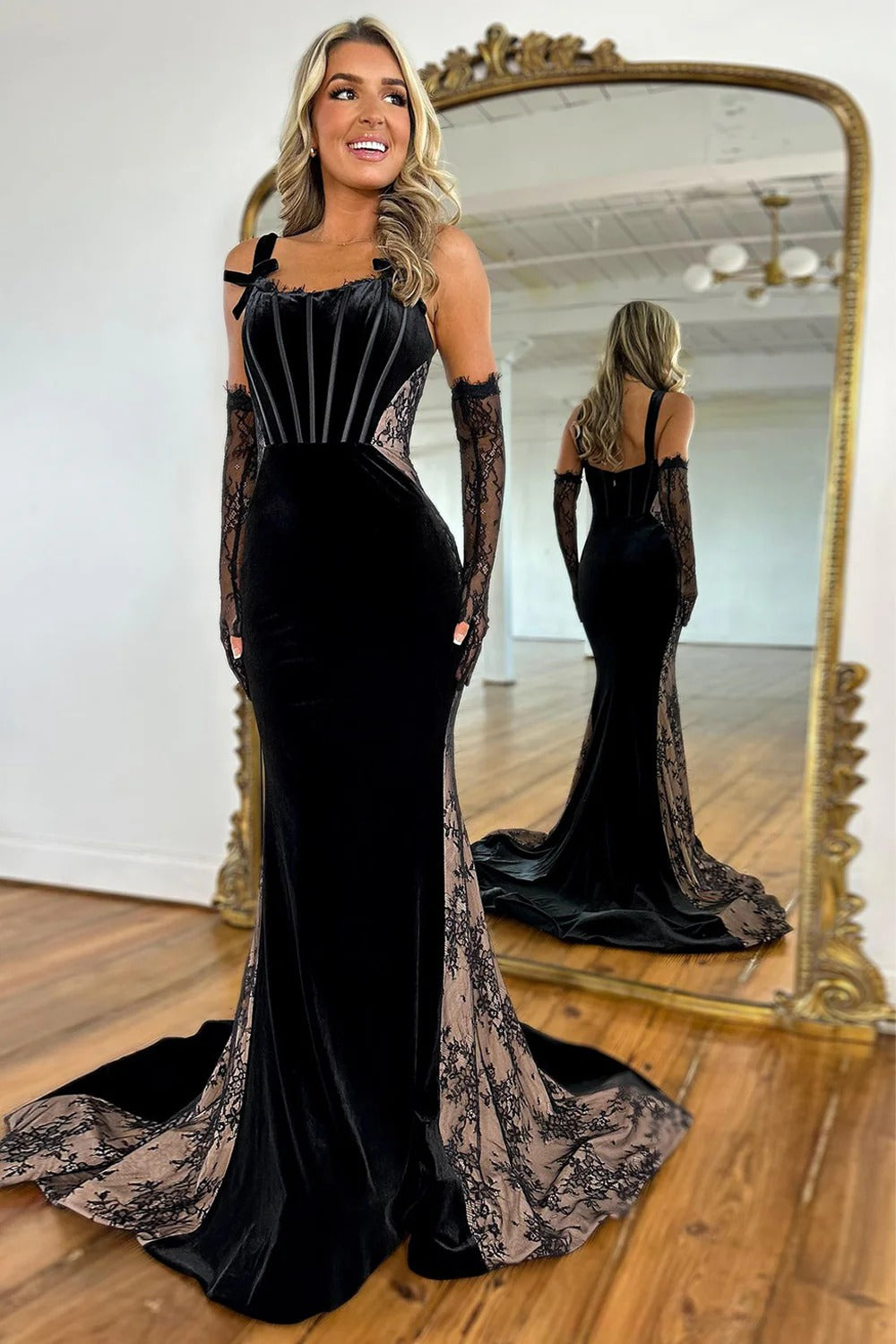 Glamorous Black Prom Dresses with Velvet Lace Panels and Mermaid Train