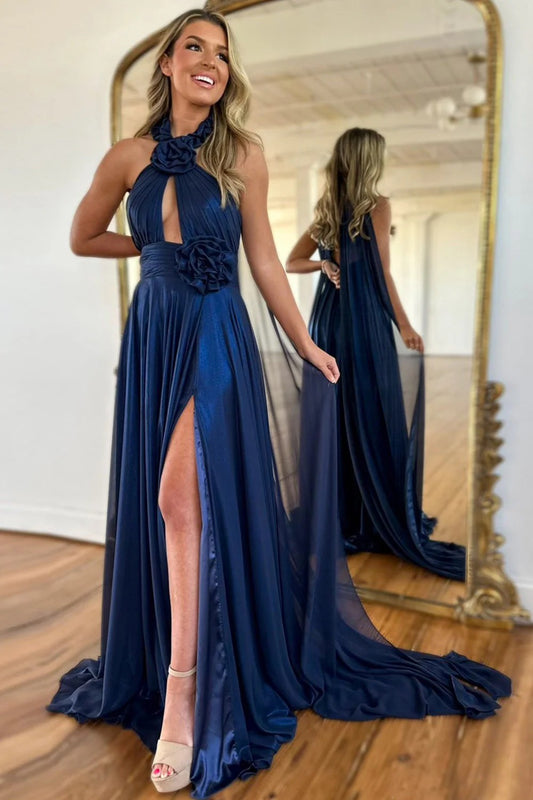 Glamorous Navy Blue Prom Dresses with Halter Floral Applique and Cape Train