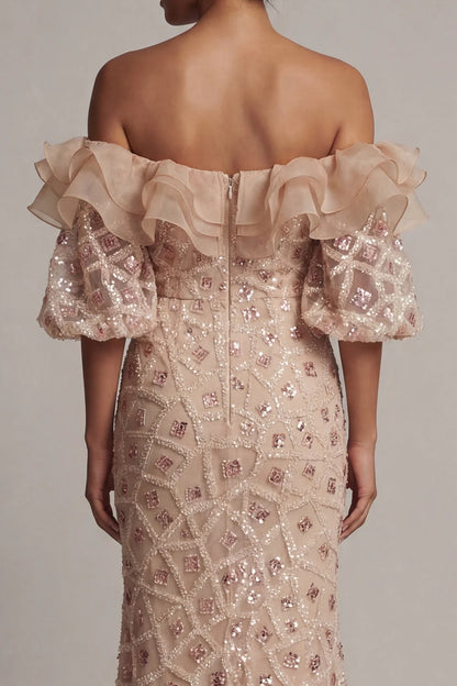 Glamorous Off Shoulder Ruffle Trim Blush Pink Geometric Sequin Beaded Mermaid Gown with Puff Sleeves and Side Slit Prom Dress