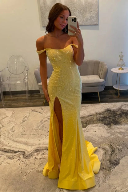 Glamorous Off the Shoulder Beaded Mermaid Prom Dress with High Slit and Open Back