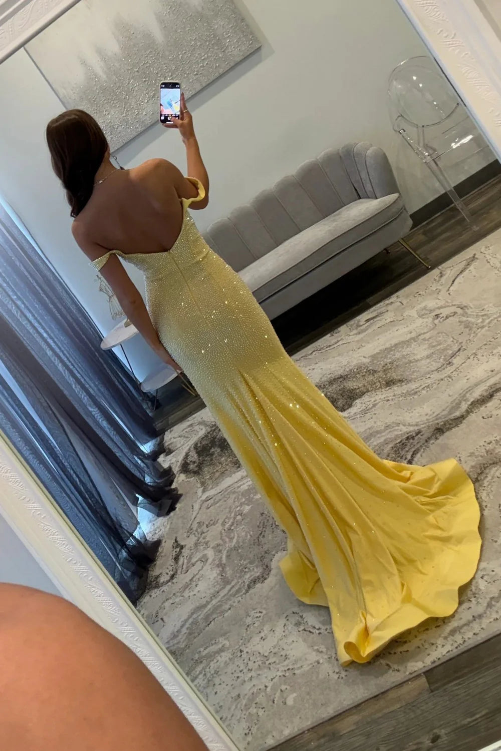 Glamorous Off the Shoulder Beaded Mermaid Prom Dress with High Slit and Open Back