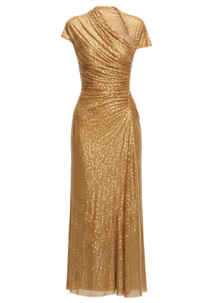 Glamorous Sequined Gold V-Neck Long Sleeve Mermaid Silhouette Long Formal Evening Dress