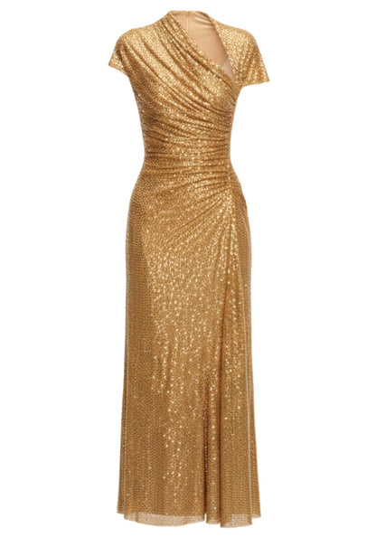 Glamorous Sequined Gold V-Neck Long Sleeve Mermaid Silhouette Long Formal Evening Dress