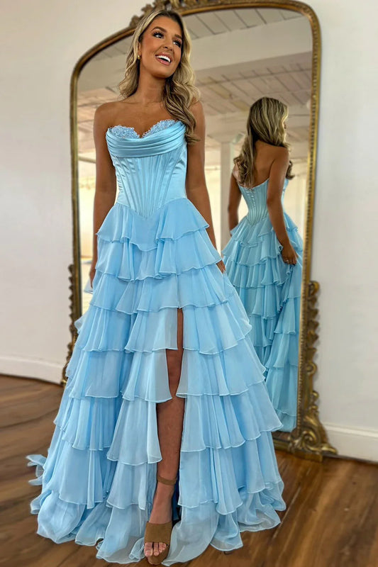 Glamorous Strapless Corset Bodice Lace Trim Tiered Ruffled Chiffon Prom Dress with Open Back