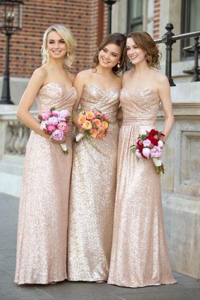 Golden sequin sweetheart sexy strapless long bridesmaid dress