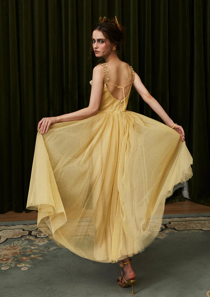 Gold Shimmer Tulle Maxi Dresses with 3D Floral Embroidery Leaf Straps Criss Cross Lace Up Back and Full Skirt