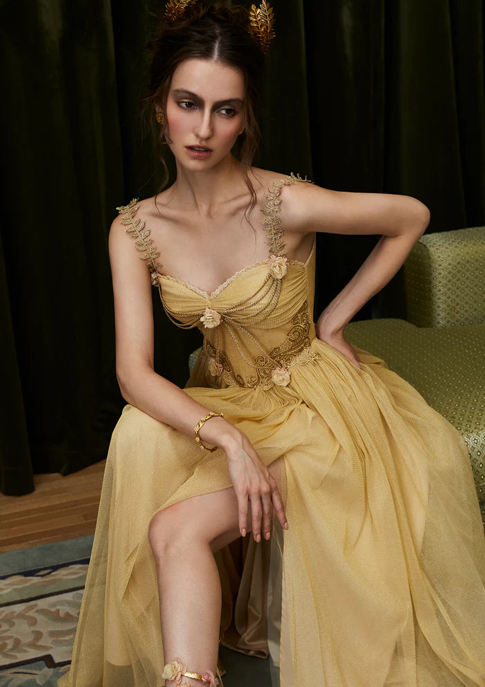 Gold Shimmer Tulle Maxi Dresses with 3D Floral Embroidery Leaf Straps Criss Cross Lace Up Back and Full Skirt