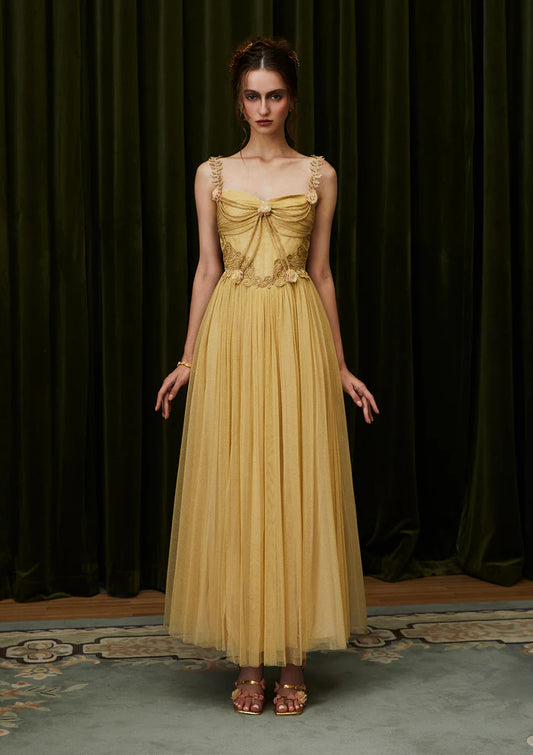 Gold Shimmer Tulle Maxi Dresses with 3D Floral Embroidery Leaf Straps Criss Cross Lace Up Back and Full Skirt