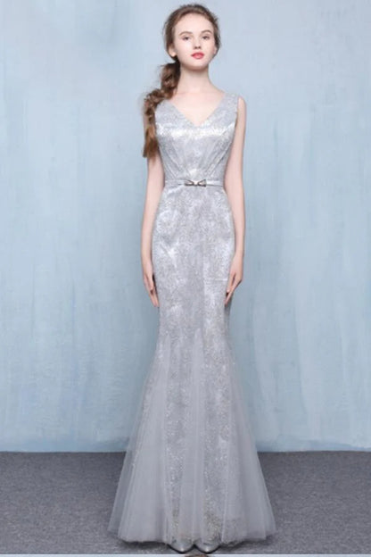 Gold sequin V-neck Mermaid elegant tulle sleeveless gown with belt bow