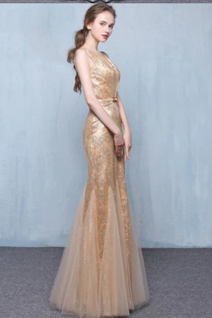 Gold sequin V-neck Mermaid elegant tulle sleeveless gown with belt bow