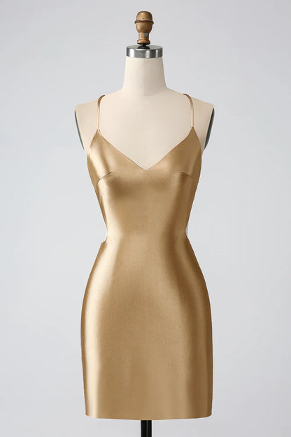Golden Bodycon  Straps Lace-up Back Short Homecoming Dress