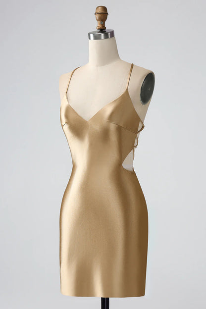 Golden Bodycon  Straps Lace-up Back Short Homecoming Dress