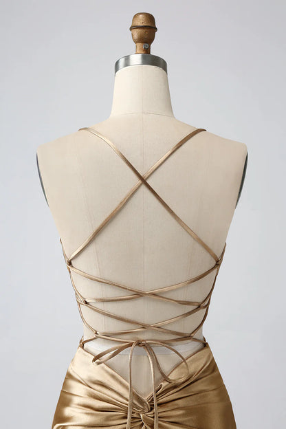 Golden Bodycon  Straps Lace-up Back Short Homecoming Dress