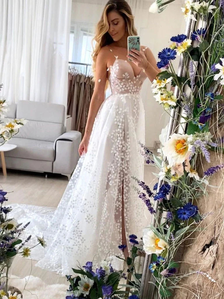 Gorgeous A-line V-neck backless peach red lace long sheer ball dress
