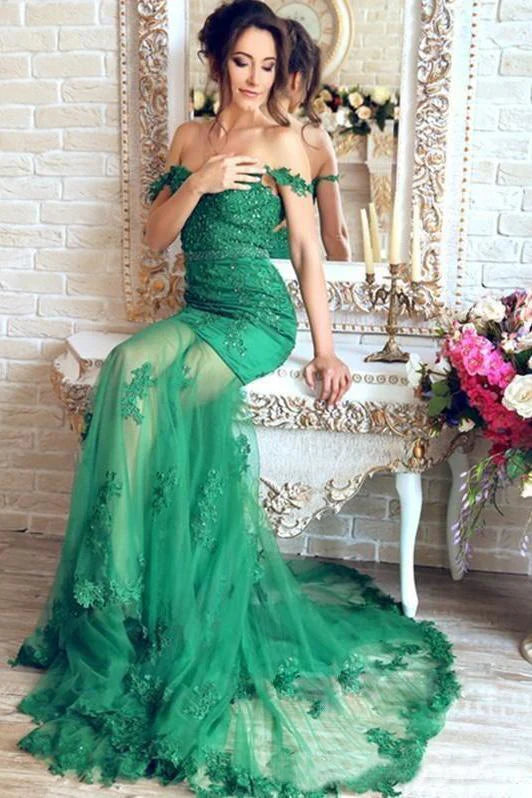 Gorgeous green Mermaid V-neck lace applique sequin beaded tulle gown