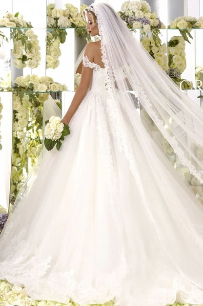 Gorgeous and Elegant Off the Shoulder Sweeping Tail Lace Back Tulle Embroidered Wedding Dress