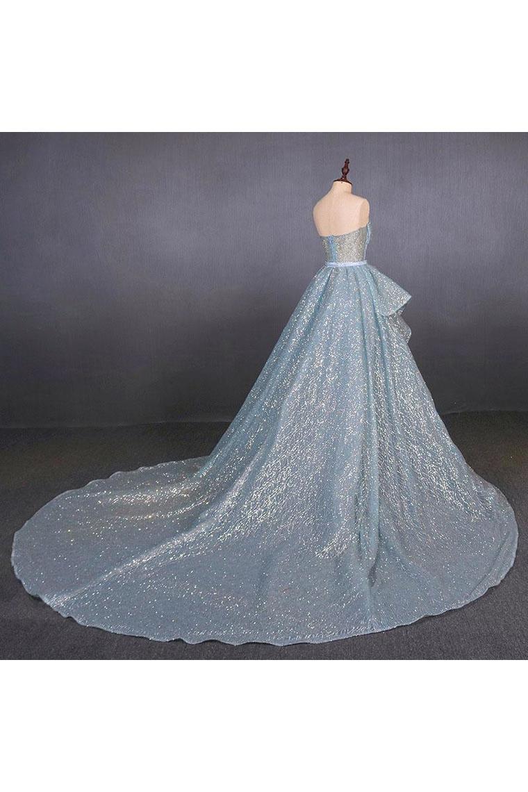 Gorgeous strapless fluffy ball glitter sheath evening dress with detachable hem