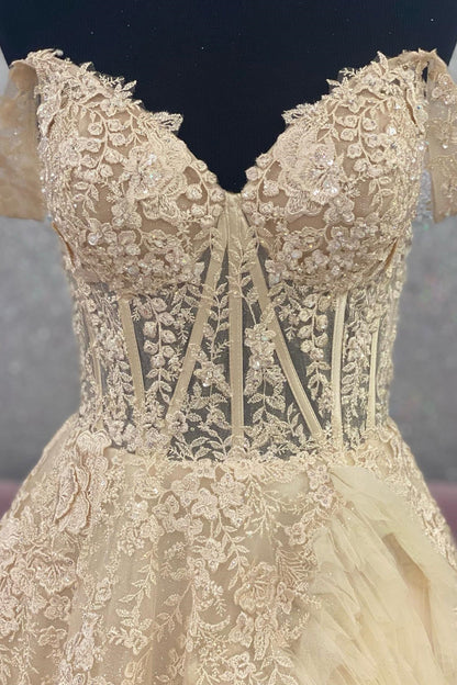 Gorgeous and elegant sheer layered off shoulder gradient formal dance dress