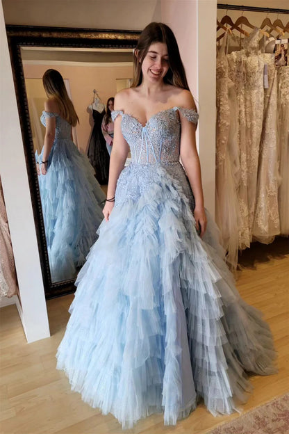 Gorgeous sheer layered off shoulder gradient ball dress