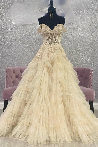 Gorgeous sheer layered off shoulder gradient ball dress