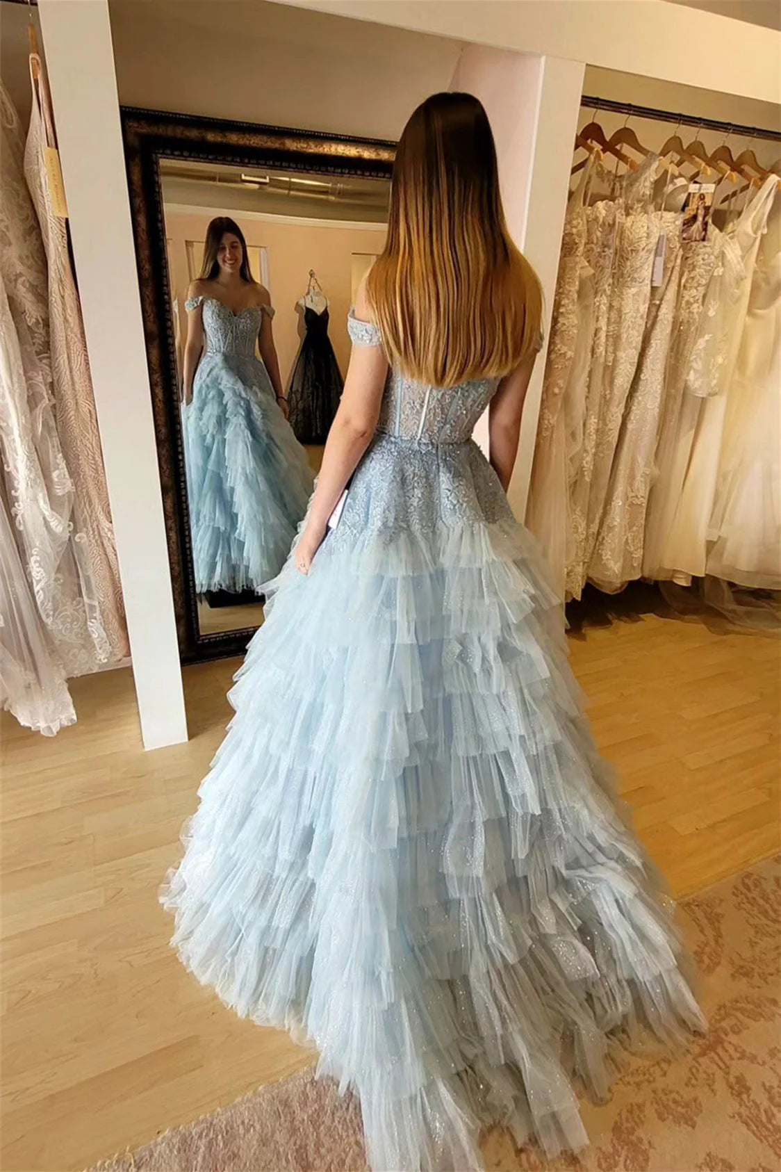 Gorgeous sheer layered off shoulder gradient ball dress
