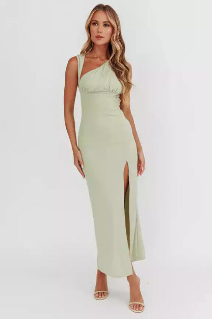 Gorgeous Knitted Mid length Asymmetric Collar Leg Opener Pads Invisible Rear Zipper Prom Dresses