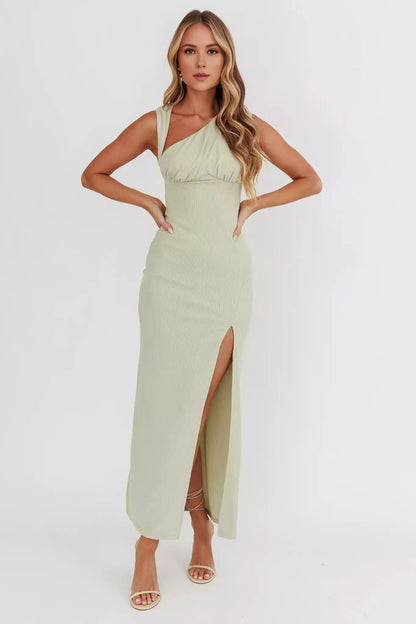 Gorgeous Knitted Mid length Asymmetric Collar Leg Opener Pads Invisible Rear Zipper Prom Dresses