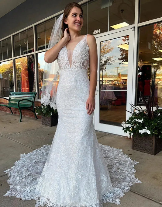 Gorgeous and beautiful slim fit mermaid church train open sequin wedding dress