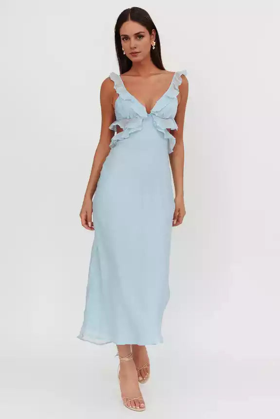 Gorgeous V-neck back hollowed out ruffle detailing pad with hidden back zipper Prom Dresses