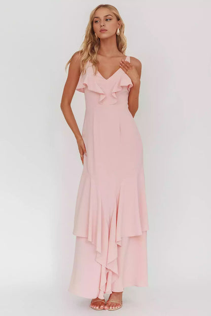 Gorgeous V-neck lining with ruffled edges and zippered back Prom Dresses