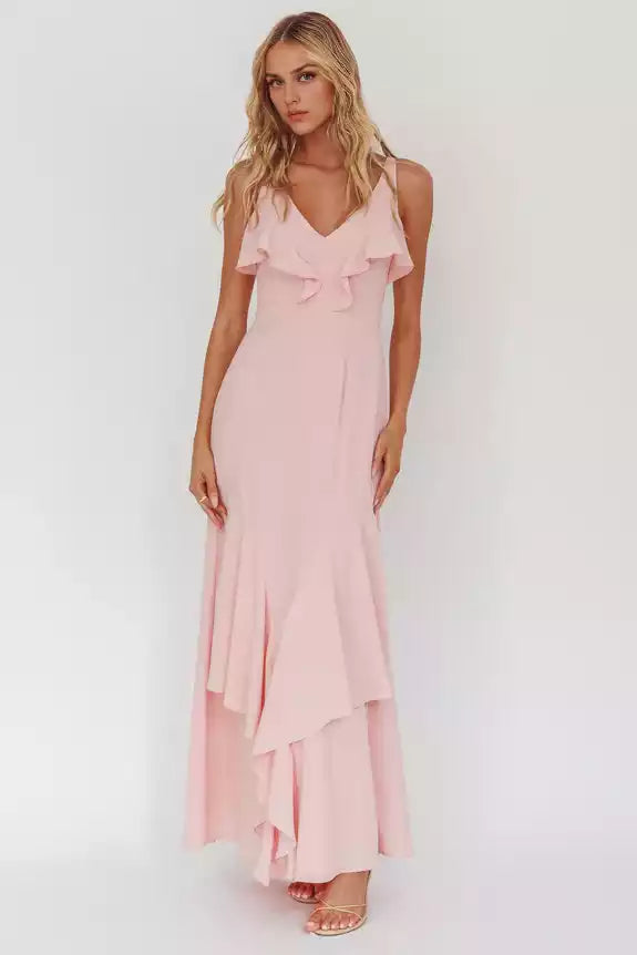 Gorgeous V-neck lining with ruffled edges and zippered back Prom Dresses