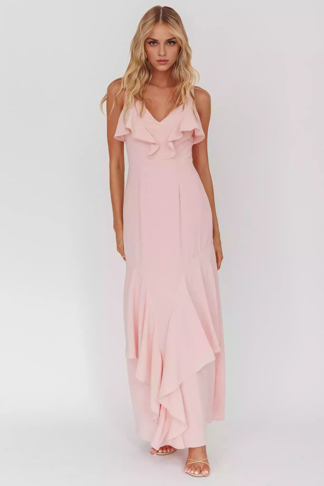 Gorgeous V-neck lining with ruffled edges and zippered back Prom Dresses
