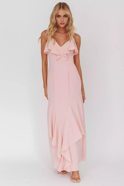Gorgeous V-neck lining with ruffled edges and zippered back Prom Dresses