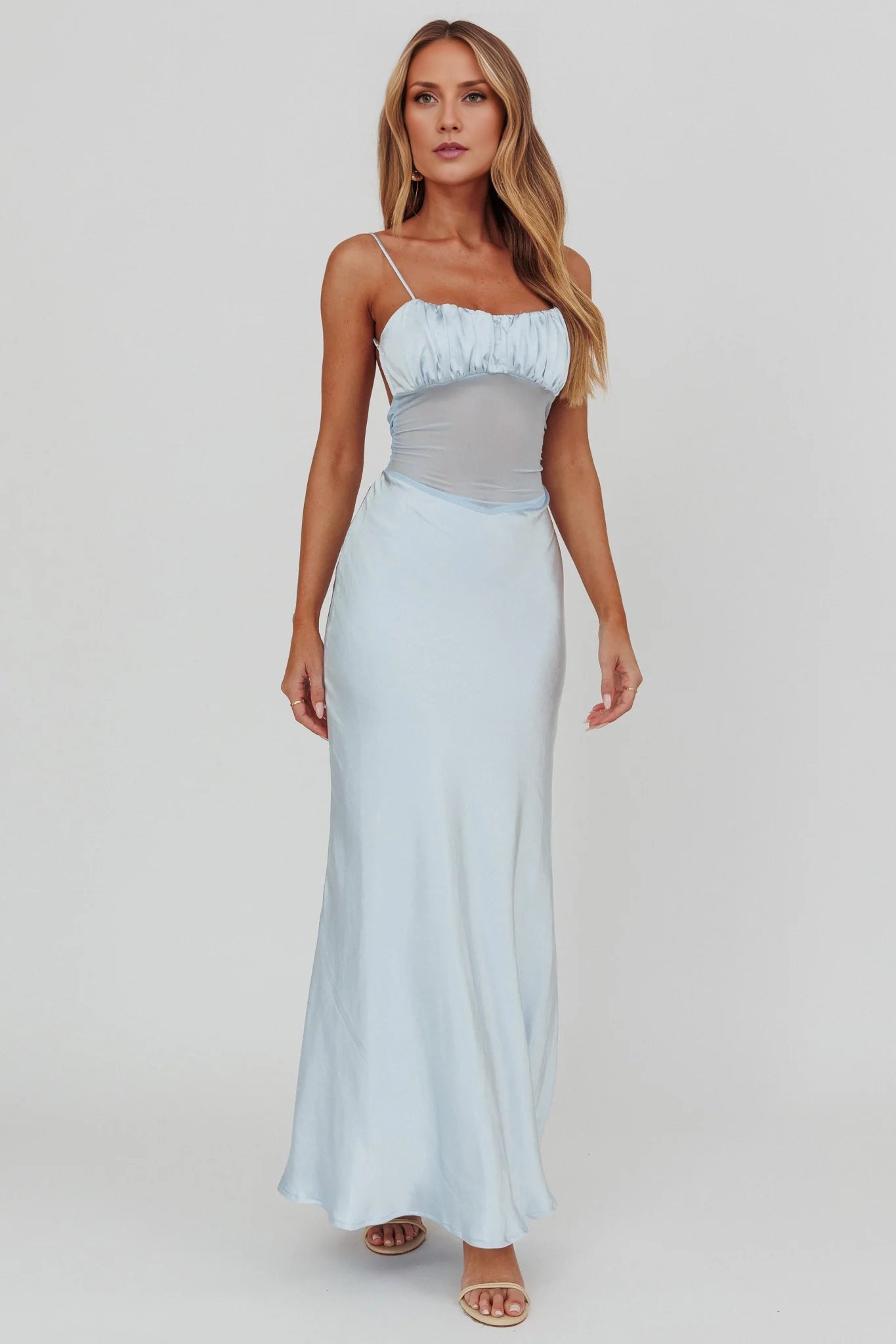 Gorgeous adjustable shoulder straps, mesh waist, side zipper bridesmaid dress