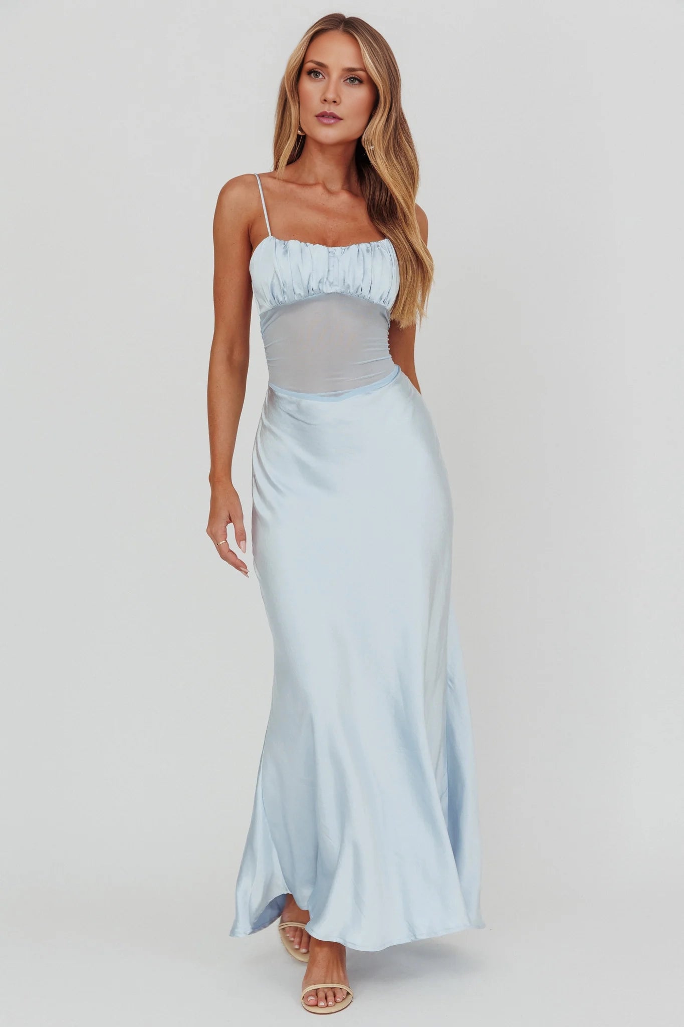Gorgeous adjustable shoulder straps, mesh waist, side zipper bridesmaid dress