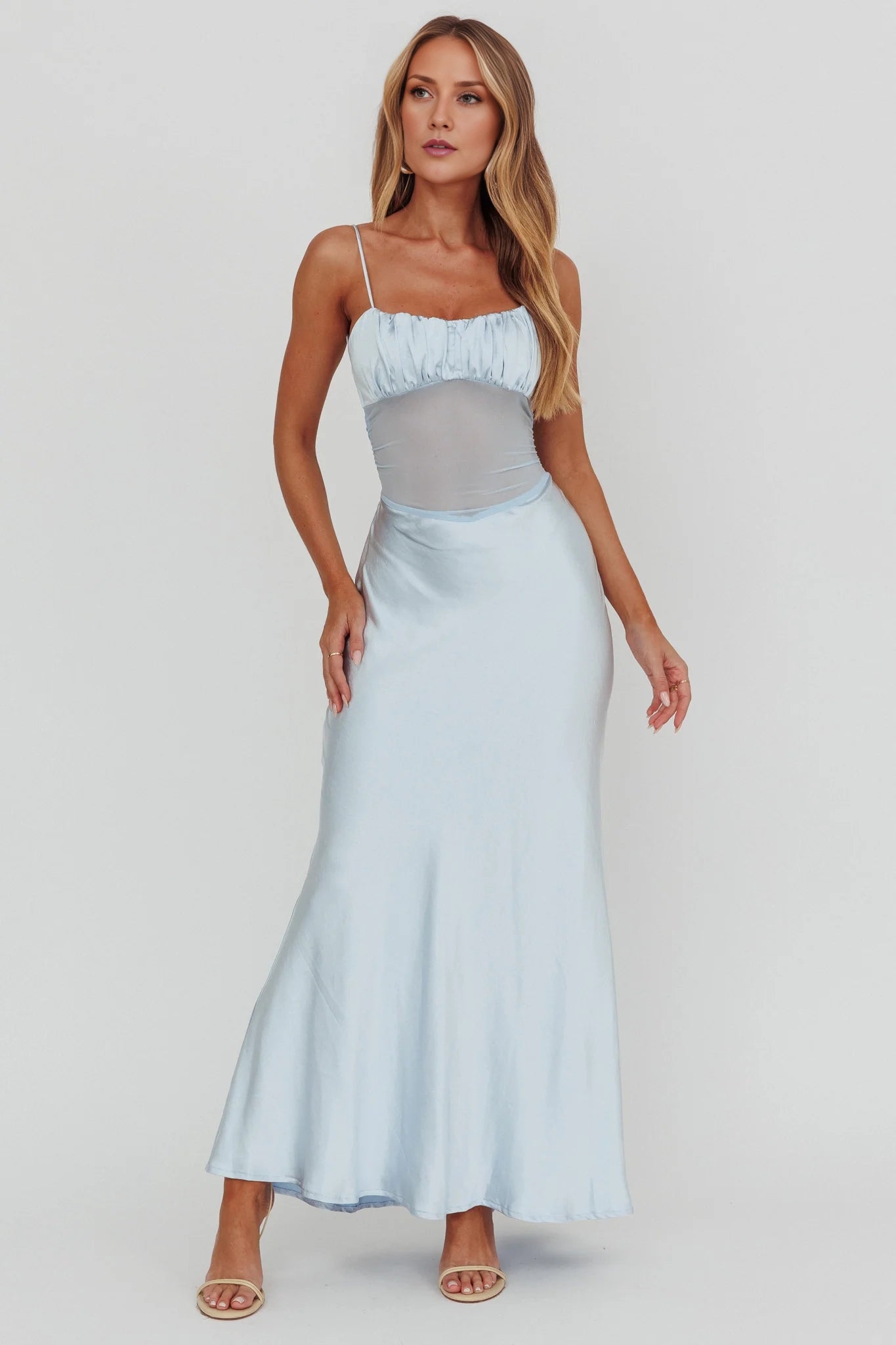 Gorgeous adjustable shoulder straps, mesh waist, side zipper bridesmaid dress