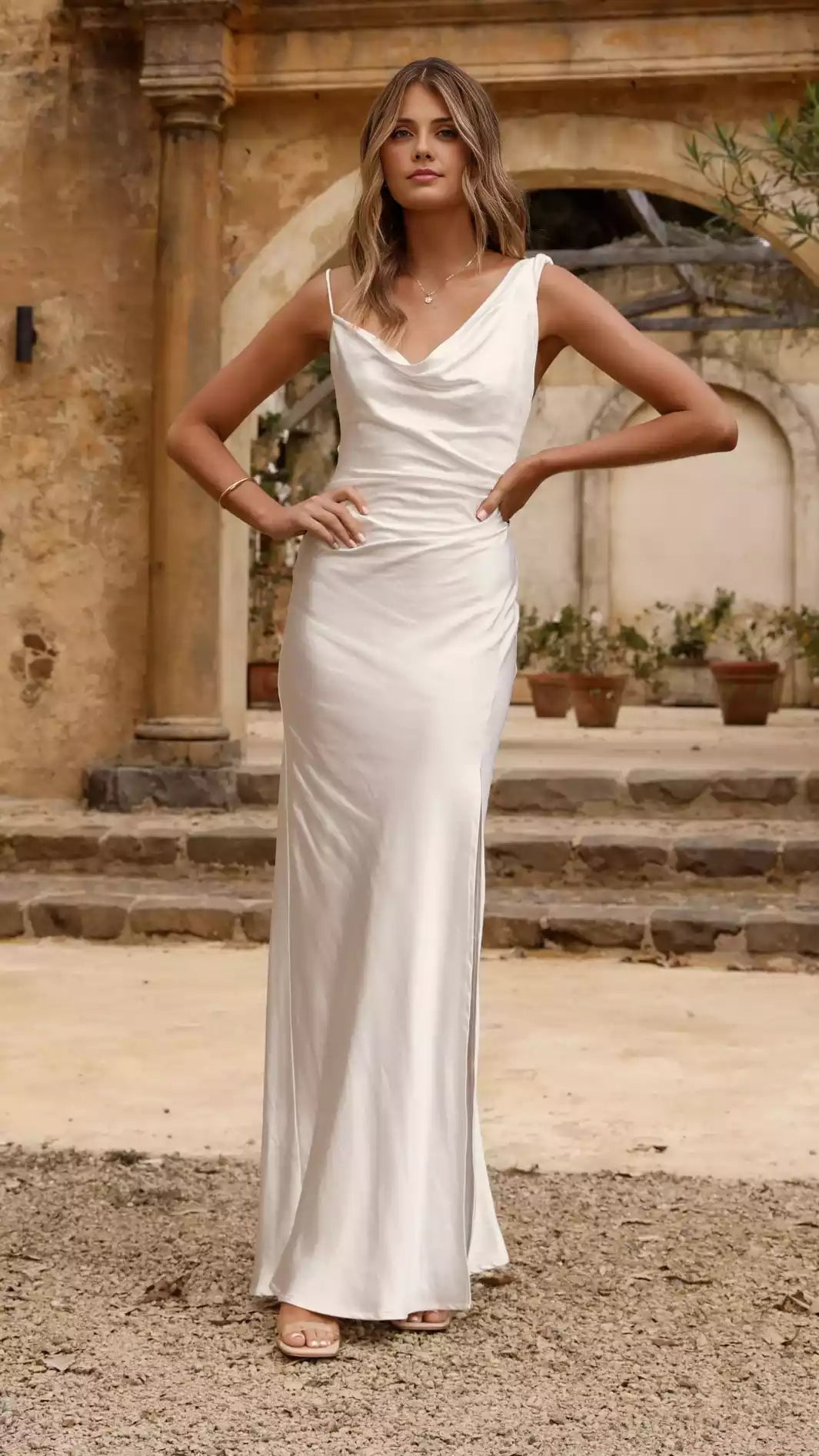 Gorgeous asymmetrical hanging collar, twisted shoulder strap, adjustable thin shoulder strap, side pleats and slits perfectly fit the body Prom Dresses