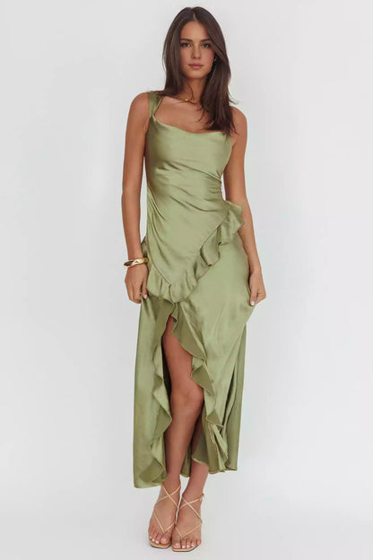 Gorgeous asymmetrical neckline lined with ruffled floral prints and side zippers Bridesmaid Dresses